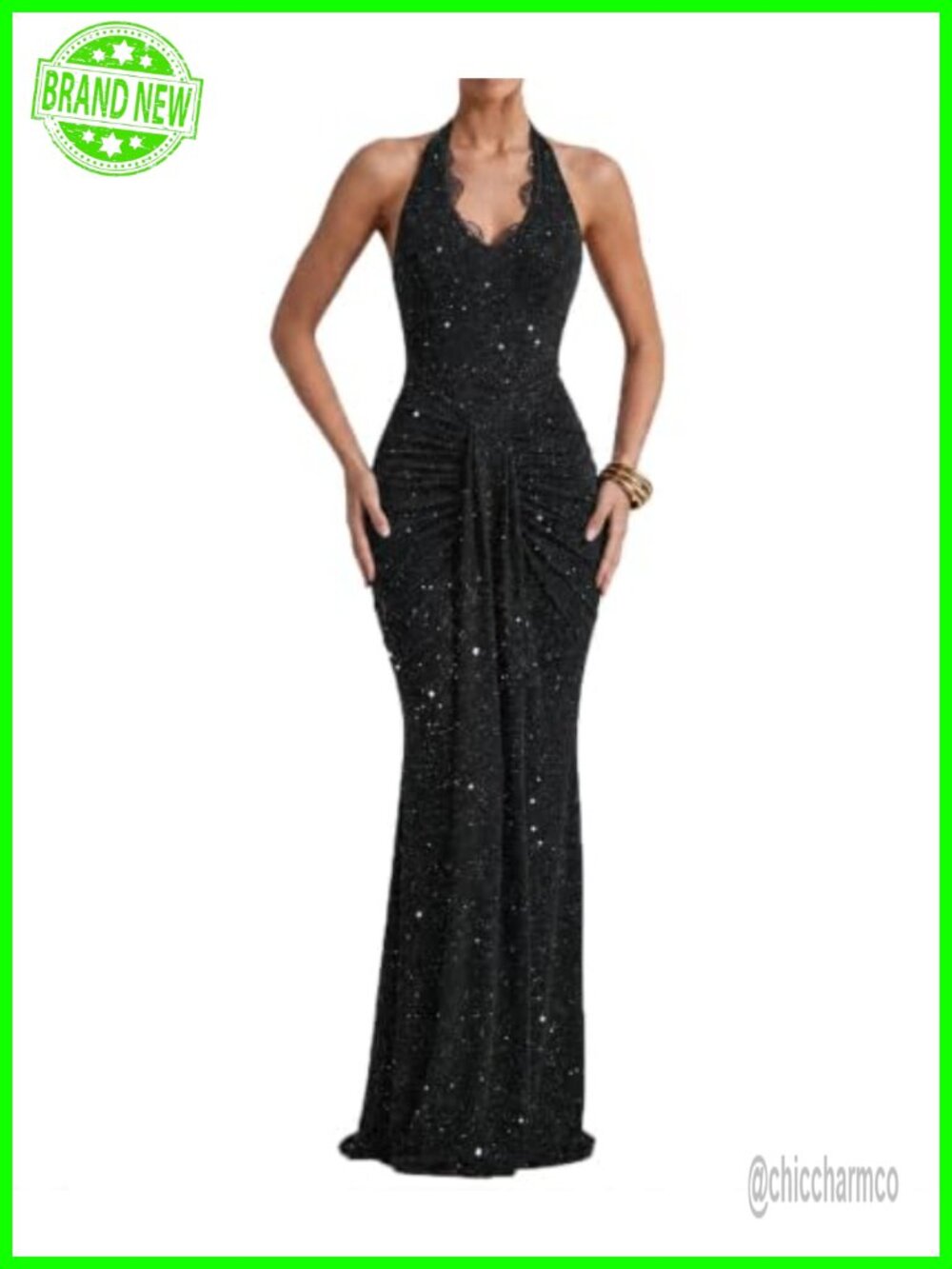 Sequin lace halter deep V neck maxi dress